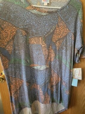 LuLaRoe Irma Tunic in Blue, Orange, Green Print